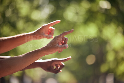 Buy stock photo Pointing, gesture and hands in nature for bird watching, hiking and view. Summer, travel and fingers gesturing for a location, adventure and showing while walking in a park for fitness and cardio