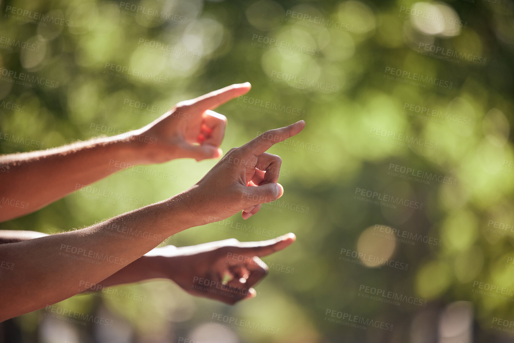 Buy stock photo Pointing, gesture and hands in nature for bird watching, hiking and view. Summer, travel and fingers gesturing for a location, adventure and showing while walking in a park for fitness and cardio