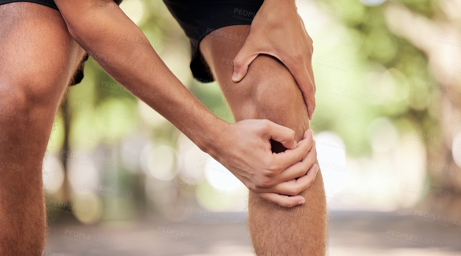 Buy stock photo Knee pain, hands and legs injury at park after training, workout or exercise accident. Sports, fitness and man or runner with fibromyalgia, inflammation or arthritis after 
exercising, running or jog
