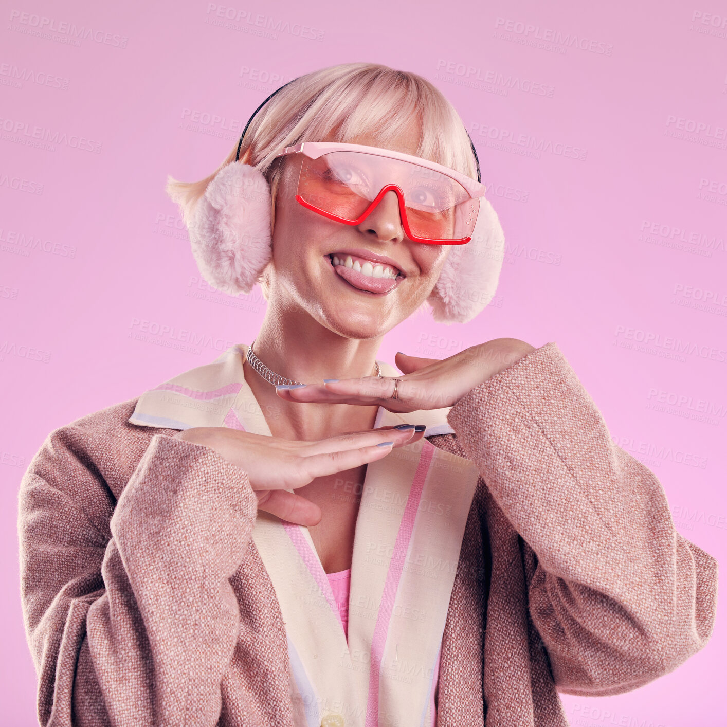 Buy stock photo Fashion, tongue and funny face of a woman quirky in studio for comic glasses on pink background. Aesthetic model person with thinking funny thought for edgy vaporwave trend with creativity and color