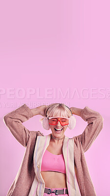Buy stock photo Fashion, comic and a woman with mockup in studio while laughing for funny space on pink background. Aesthetic model person with glasses for edgy vaporwave trend with creativity and color advertising