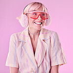 Fashion, excited and a woman quirky in studio for wow, surprise and comic face on pink background. Aesthetic model person with glasses while thinking of edgy vaporwave trend with creativity and color