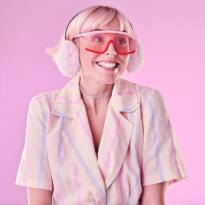 Buy stock photo Fashion, excited and a woman quirky in studio for wow, surprise and comic face on pink background. Aesthetic model person with glasses while thinking of edgy vaporwave trend with creativity and color