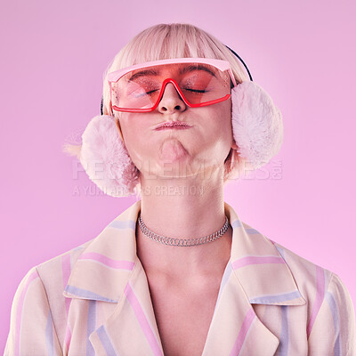 Buy stock photo Fashion, woman and quirky on a pink background in studio with funny glasses for cyberpunk style. Face of edgy, trendy or retro aesthetic person with vaporwave, creativity and art color clothes