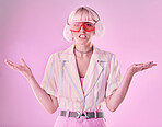 Confused, angry and portrait of a woman with fashion isolated on a pink background in a studio. Anxiety, sad and stylish girl model wearing ear muffs while frustrated with anger and a problem