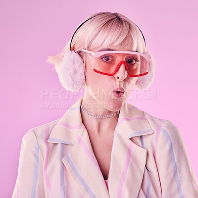 Buy stock photo Portrait, fashion and woman with unique style, trendy and pouting lips in studio background. Face, female and girl with glasses, funky and young person with casual, edgy and fu outfit on backdrop