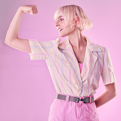 Buy stock photo Woman, flexing arm muscle and smile, power and strong female and winner isolated on pink background. Freedom fight, empowerment and strength with confidence, pride in challenge with champion and win
