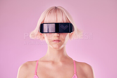 Buy stock photo Metaverse, virtual reality and a woman with glasses for ai and future scifi and 3d gaming technology. Model person on a pink background for cyberpunk and digital transformation for cyber world vr ux