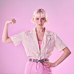 Woman, flexing arm muscle in portrait with power and strong female and fight isolated on pink background. Freedom, empowerment and strength with confidence, challenge with champion and winner