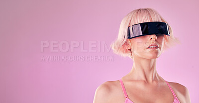 Buy stock photo Glasses, virtual reality and a woman in metaverse for mockup future scifi and 3d gaming technology. Model person on a pink background for cyberpunk and digital transformation for ai cyber world vr ux