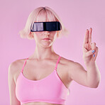 Metaverse, virtual reality glasses and a woman with hand for future scifi and ai 3d gaming technology. Model person on a pink background for cyberpunk and digital transformation for cyber world vr ux