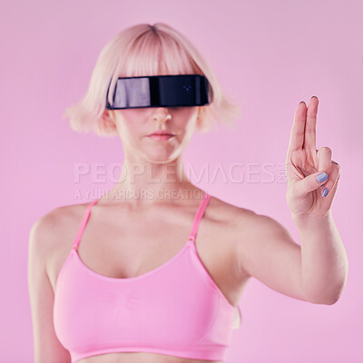 Buy stock photo Metaverse, virtual reality glasses and a woman with hand for future scifi and ai 3d gaming technology. Model person on a pink background for cyberpunk and digital transformation for cyber world vr ux