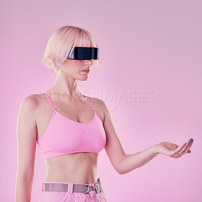 Buy stock photo Hand, virtual reality and a woman with mockup for metaverse future scifi and 3d gaming tech. Person on a pink background for cyberpunk and digital transformation for cyber world ai product placement