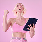 Winner, fashion and woman with tablet on pink background celebrate success, winning and online competition. Digital tech, beauty and excited, happy and girl cheering for bonus, discount and promotion