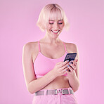 Phone, fashion and woman with smile on pink background for social media meme, internet humor and website. Communication, beauty and happy girl with cosmetics, makeup and smartphone for online chat