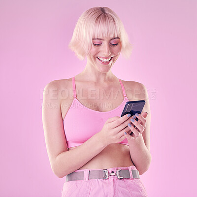 Buy stock photo Phone, fashion and woman with smile on pink background for social media meme, internet humor and website. Communication, beauty and happy girl with cosmetics, makeup and smartphone for online chat