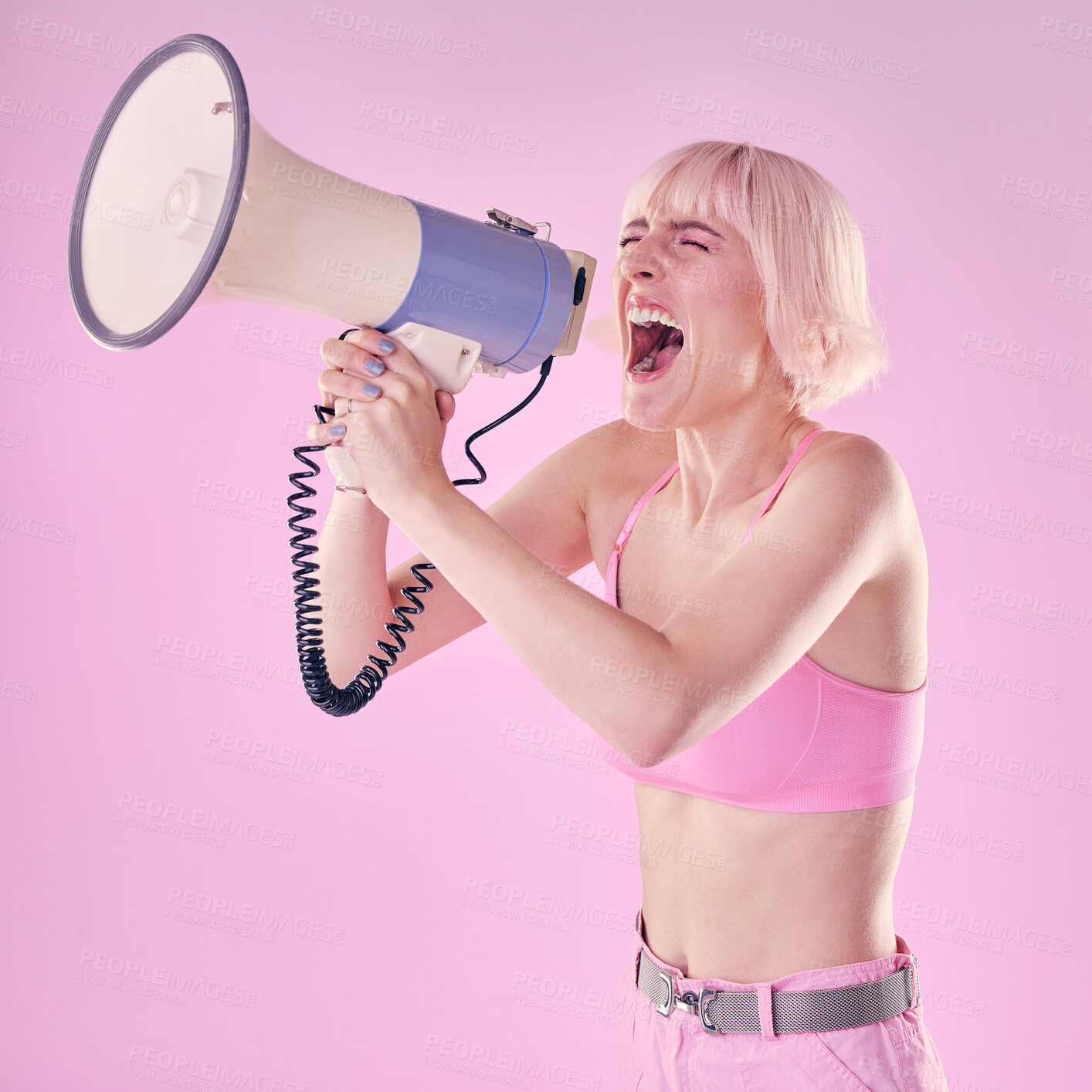 Buy stock photo Woman, megaphone and gen z protest on pink background of speech, announcement and noise sound. Feminist broadcast voice for human rights, justice and fight of gender equality, opinion or revolution