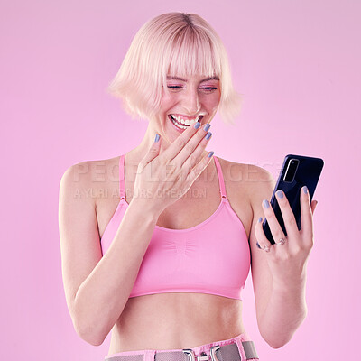 Buy stock photo Laugh, fashion and woman with phone on pink background for social media meme, internet joke and website. Networking, beauty and excited, smile and happy girl with smartphone for online conversation