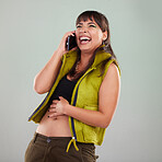 Punk, funny and woman with smile, phone call and connection with grey studio background. Fashion, female and lady with smartphone, communication and laughing with comedy news or happiness on backdrop