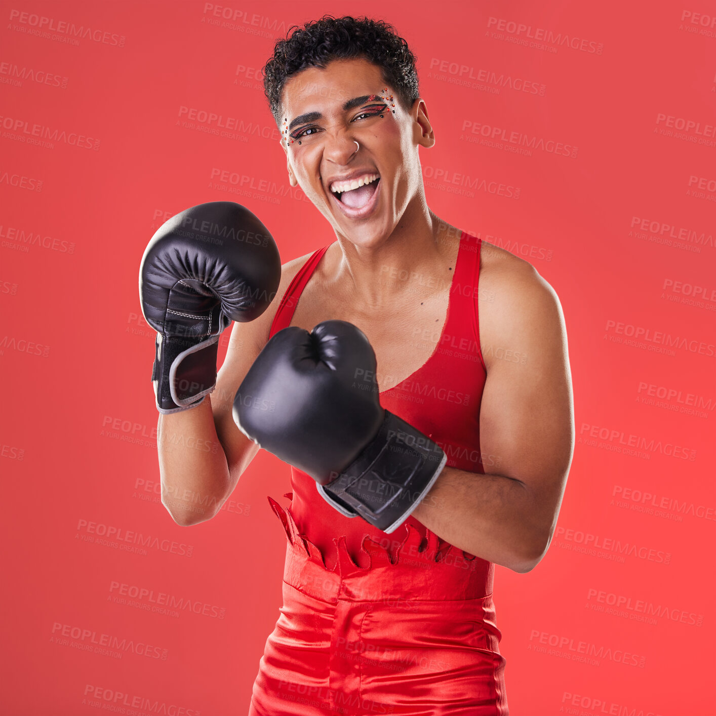 Buy stock photo Boxing, gloves and portrait of a gay man excited for a fight isolated on a red background in studio. Fitness, happy and lgbt person ready for a fighting competition, game and sport on a backdrop