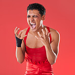 Frustrated, black man and angry with shouting, gay and depression against studio background. African American male, queer and unhappy transgender person with anger, screaming and upset on backdrop