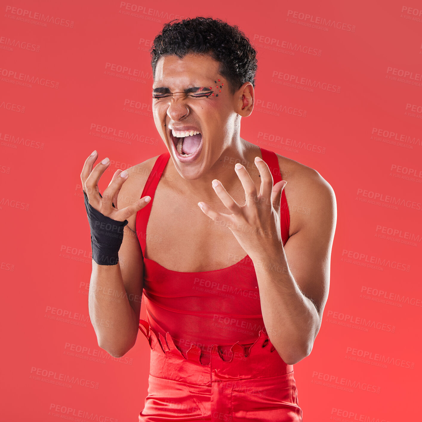 Buy stock photo Frustrated, black man and angry with shouting, gay and depression against studio background. African American male, queer and unhappy transgender person with anger, screaming and upset on backdrop