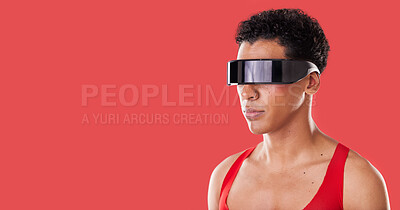 Buy stock photo Metaverse, vr glasses and black man with mockup for ai futuristic scifi and 3d gaming technology. Person profile on red background for cyberpunk, sci fi and augmented reality for cyber world ux space