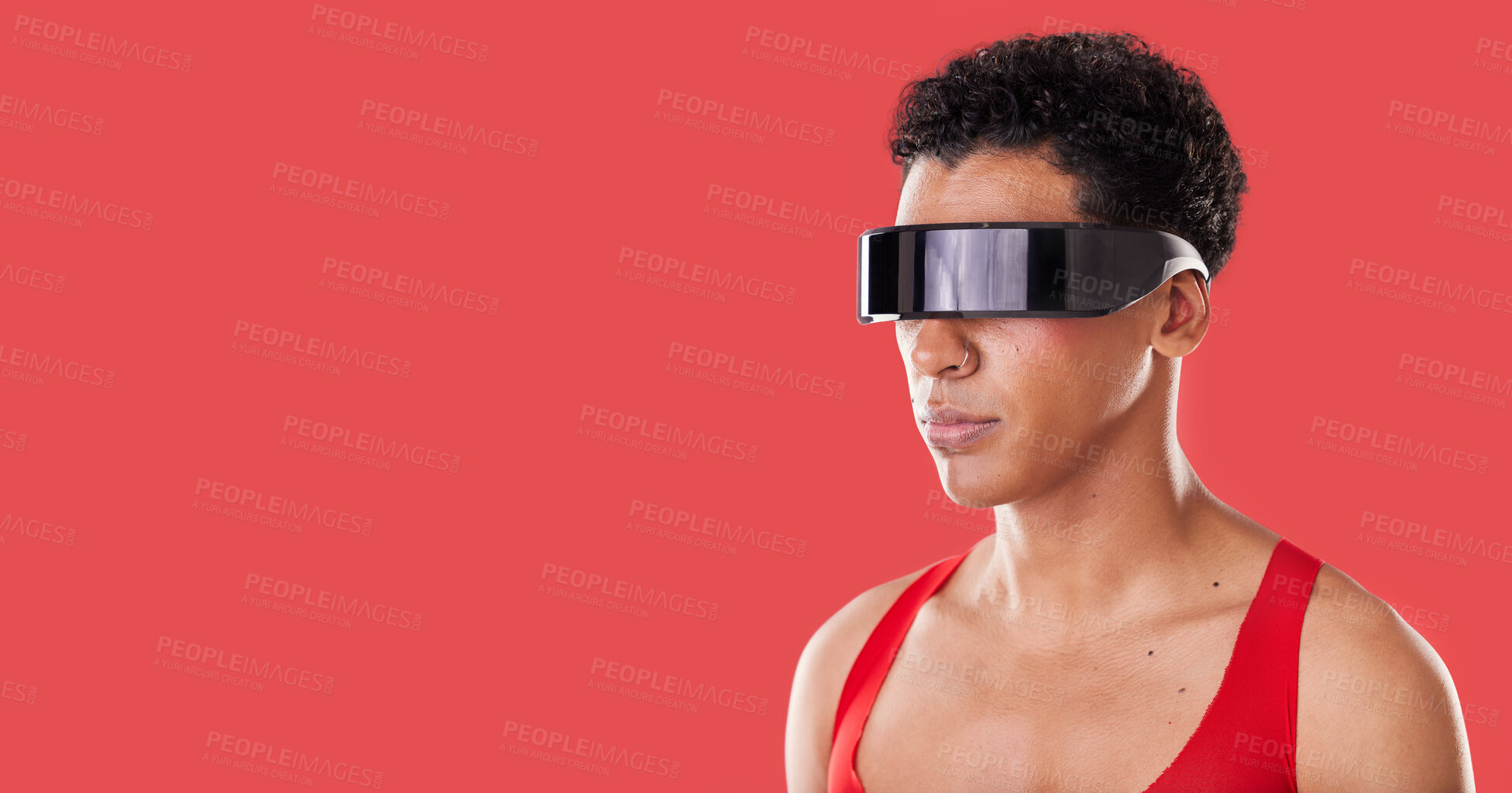 Buy stock photo Metaverse, vr glasses and black man with mockup for ai futuristic scifi and 3d gaming technology. Person profile on red background for cyberpunk, sci fi and augmented reality for cyber world ux space