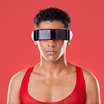 Black man, metaverse and virtual reality glasses for futuristic scifi 3d gaming technology. Gay person portrait on red background for cyberpunk and digital transformation for cyber world ar or vr ux