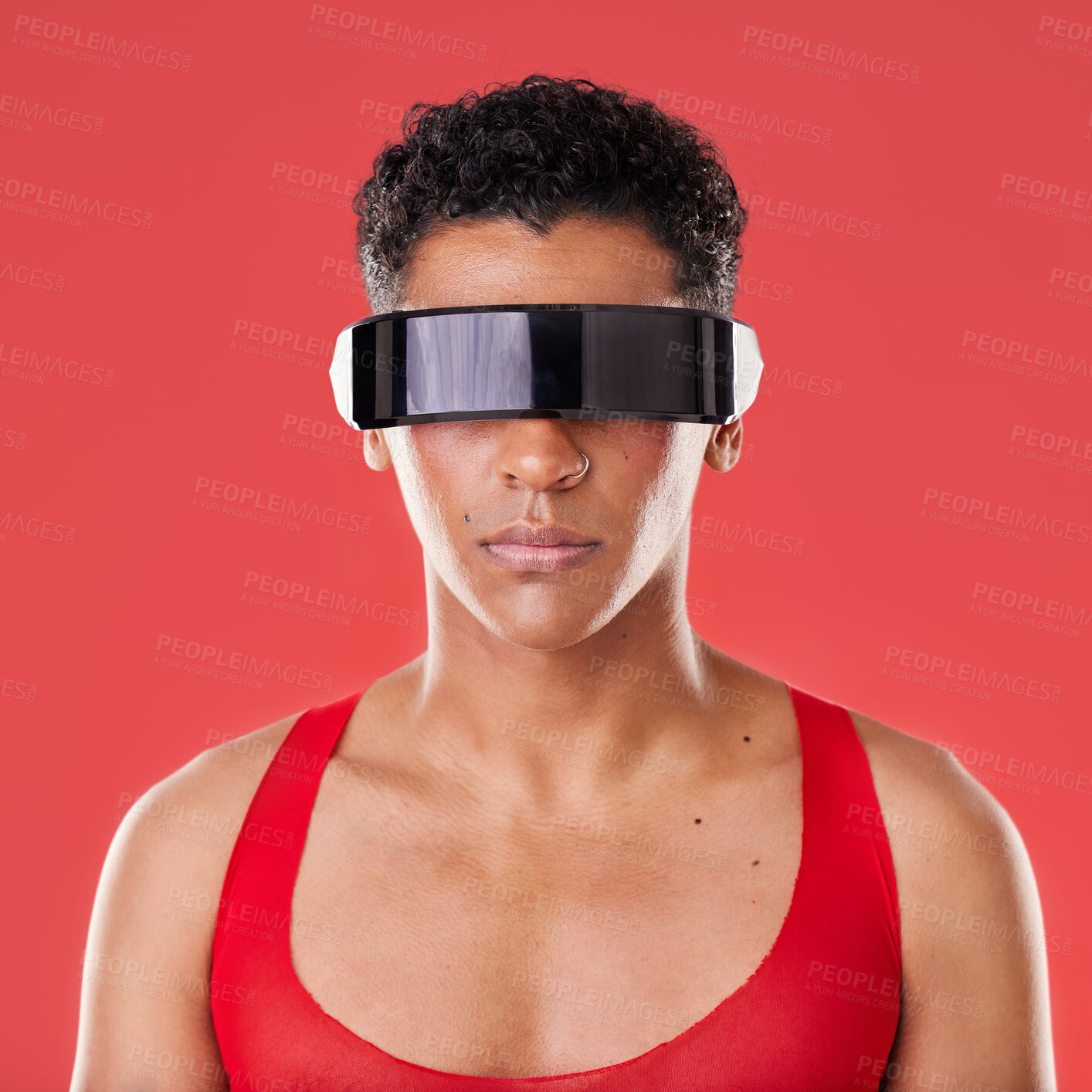 Buy stock photo Black man, metaverse and virtual reality glasses for futuristic scifi 3d gaming technology. Gay person portrait on red background for cyberpunk and digital transformation for cyber world ar or vr ux