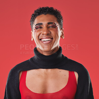 Buy stock photo LGBTQ, beauty portrait and black man isolated on red background for creative cosmetics, makeup and queer lifestyle. Young, edgy gen z model or gay person headshot for fashion and face art in studio