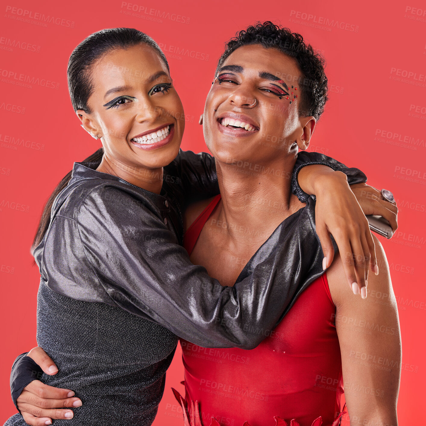 Buy stock photo Portrait, fashion and friends hug, smile and creative with trendy, stylish and edgy outfits with studio background. Face, black woman and happy man embrace, happiness and joyful with artistic clothes