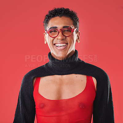 Buy stock photo LGBTQ, queer and portrait of a gay man with unique fashion and style isolated against a studio red background. Transgender, homosexual and trendy nonbinary and gen z person happy in clothes