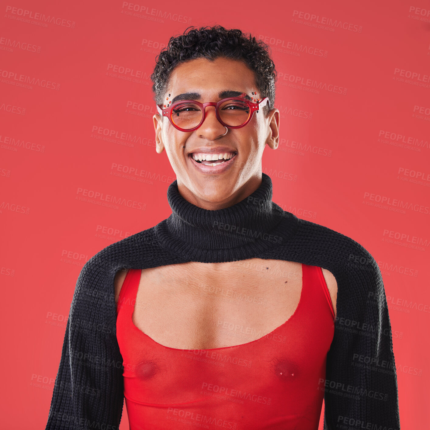 Buy stock photo LGBTQ, queer and portrait of a gay man with unique fashion and style isolated against a studio red background. Transgender, homosexual and trendy nonbinary and gen z person happy in clothes