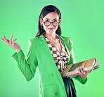 Woman, teacher and books for studio portrait, green screen or background with smile for career vision. Young model, education and professor with glasses, mockup and fashion for ideas, focus and goals