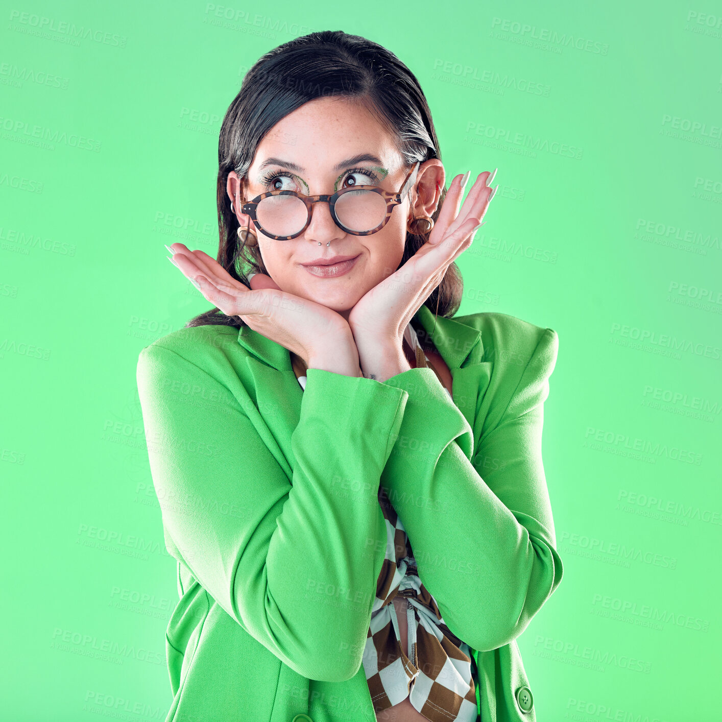 Buy stock photo Woman, teacher and hands on face with green screen, studio background and thinking with vision for career. Young model, education and ideas with glasses, mockup and with fashion, pride and happiness