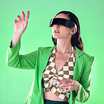 Woman, fashion and cyberpunk with virtual reality glasses, future and connect on studio background. Vr, female and lady with trendy, casual and stylish outfit with eyewear, metaverse and fantasy