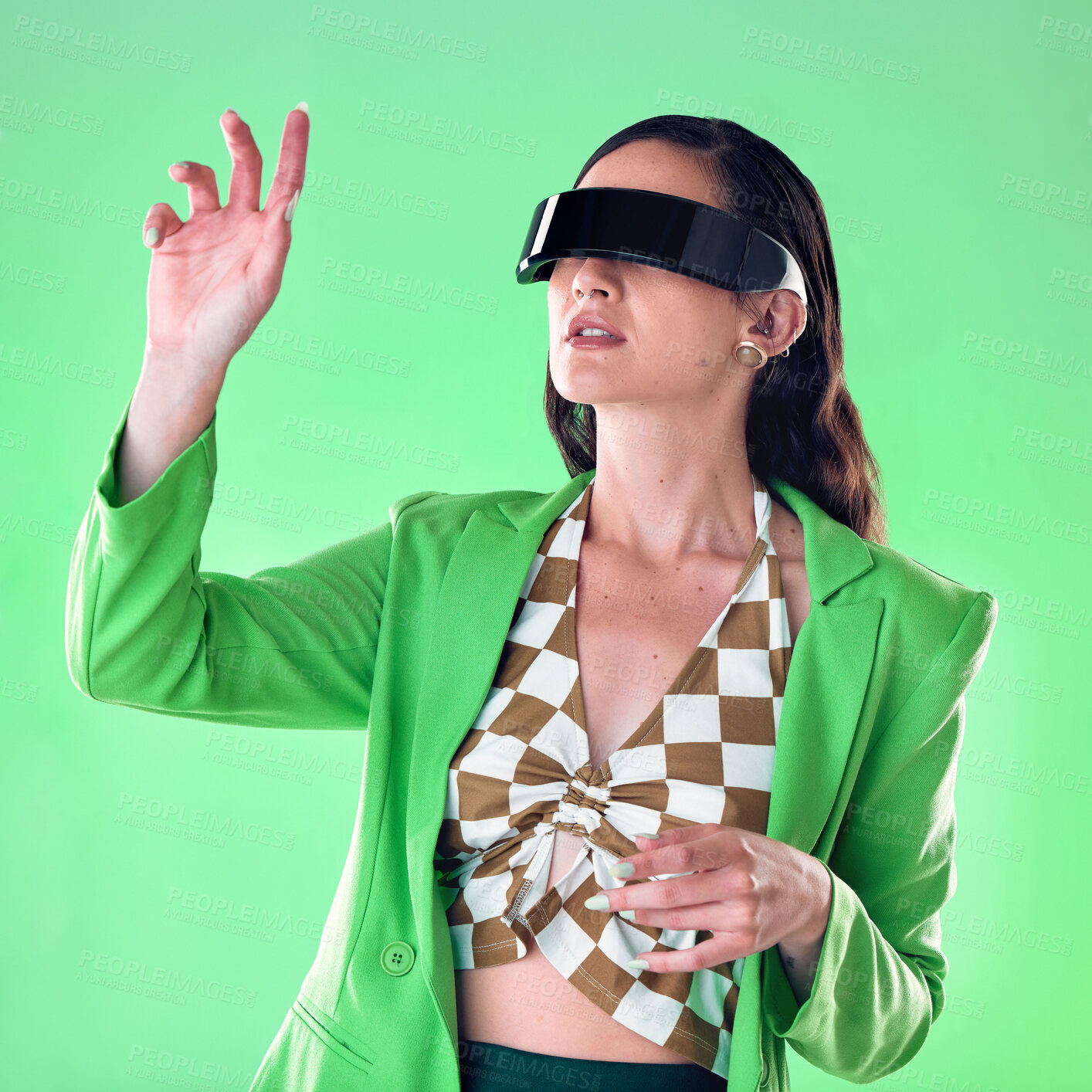 Buy stock photo Woman, fashion and cyberpunk with virtual reality glasses, future and connect on studio background. Vr, female and lady with trendy, casual and stylish outfit with eyewear, metaverse and fantasy