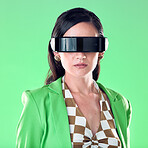 Virtual reality glasses, fashion and woman with connection, futuristic and with studio background. Portrait, female and lady with Vr eyewear, innovation and girl with trendy, stylish or casual outfit