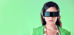 Mockup, future and virtual reality glasses, metaverse and woman with fashion and studio background. Futuristic, female and girl with vr eyewear, innovation and cyberpunk with confidence and backdrop