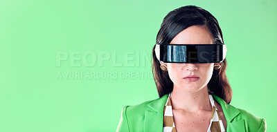 Buy stock photo Mockup, future and woman with virtual reality glasses, metaverse and lady with fashion and studio background. Futuristic, female and girl with vr eyewear, innovation and cyberpunk with confidence