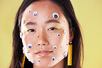 Woman, face and portrait with eyes, cosmetics and makeup on a yellow background. Headshot of an aesthetic gen z model or asian girl in studio for trendy style, color and facial art creativity