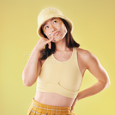 Buy stock photo Fashion and woman with a hand call isolated on a yellow background in a studio. Idea, thinking and Asian girl with fingers in a telephone gesture for communication, conversation and talking