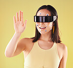 Virtual reality, 3d metaverse and woman in vr, exploring cyber world or futuristic tech. Future, face stickers and happy female with digital headset for gaming in studio isolated on yellow background