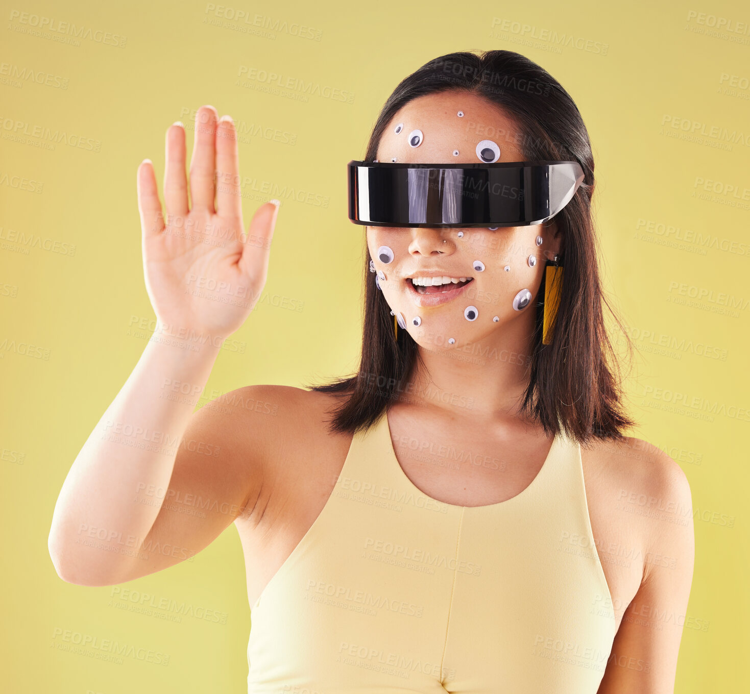 Buy stock photo Virtual reality, 3d metaverse and woman in vr, exploring cyber world or futuristic tech. Future, face stickers and happy female with digital headset for gaming in studio isolated on yellow background