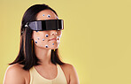 3d metaverse, virtual reality and woman in vr, exploring cyber world or futuristic technology. Future, eye stickers and female with digital headset for gaming in studio isolated on yellow background.