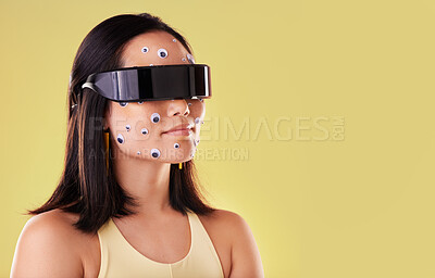 Buy stock photo 3d metaverse, virtual reality and woman in vr, exploring cyber world or futuristic technology. Future, eye stickers and female with digital headset for gaming in studio isolated on yellow background.