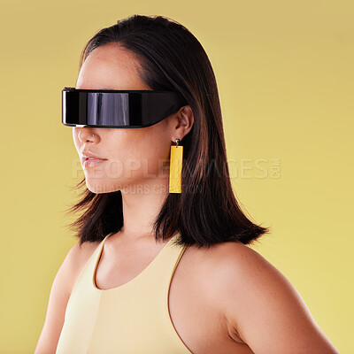 Buy stock photo Vr, 3d metaverse and woman in virtual reality, exploring cyber world or futuristic tech. Future fantasy, gamer and female with digital ai glasses for gaming in studio isolated on a yellow background.