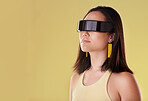 Vr, 3d metaverse and woman in virtual reality, exploring cyber world or futuristic tech mockup. Fantasy, gamer and female with digital ai glasses for gaming in studio isolated on a yellow background.