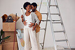 Love, pregnancy or black couple hugging in home renovation, diy or house remodel together by apartment ladder. Forehead, partnership or African man with pregnant woman excited about baby or family 